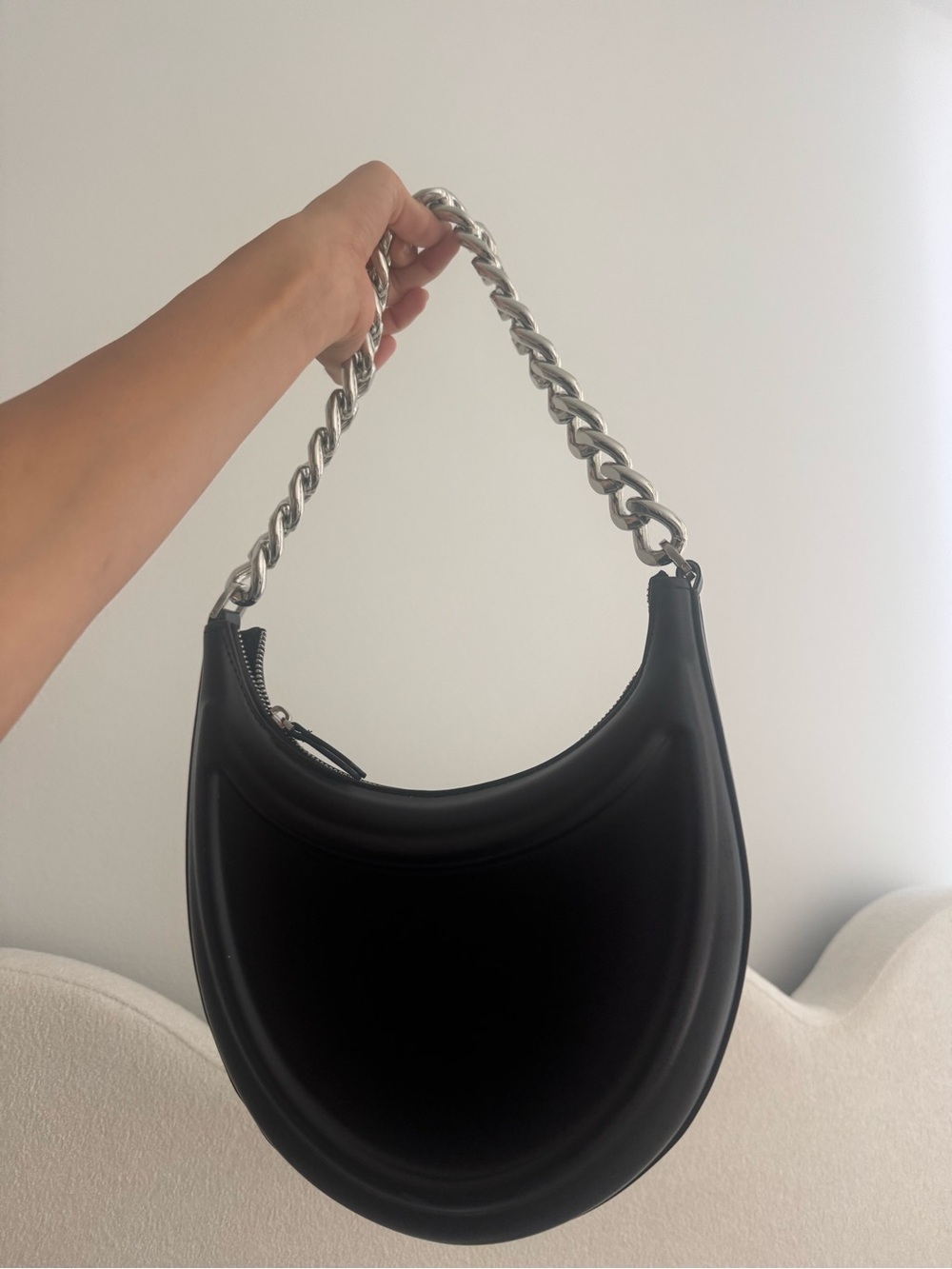 Zara Black Crescent Shoulder Bag with Chunky Silver Chain